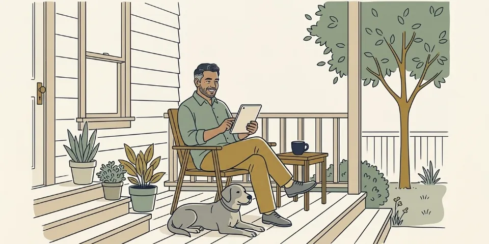 A man in his forties relaxing in a chair on his front porch, smiling at a tablet, with his dog asleep at his feet.