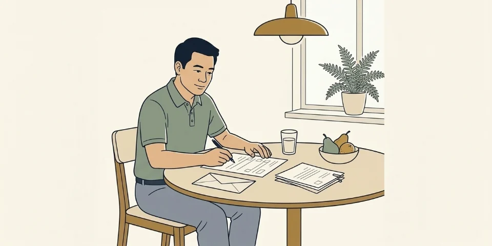 A man in his late forties at his dining table, filling in a form by hand, an envelope ready beside it.