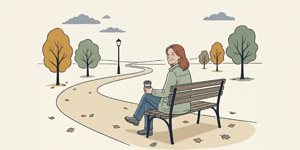 A woman in her early fifties resting on a park bench in autumn with a coffee, glancing back along the path she has walked.