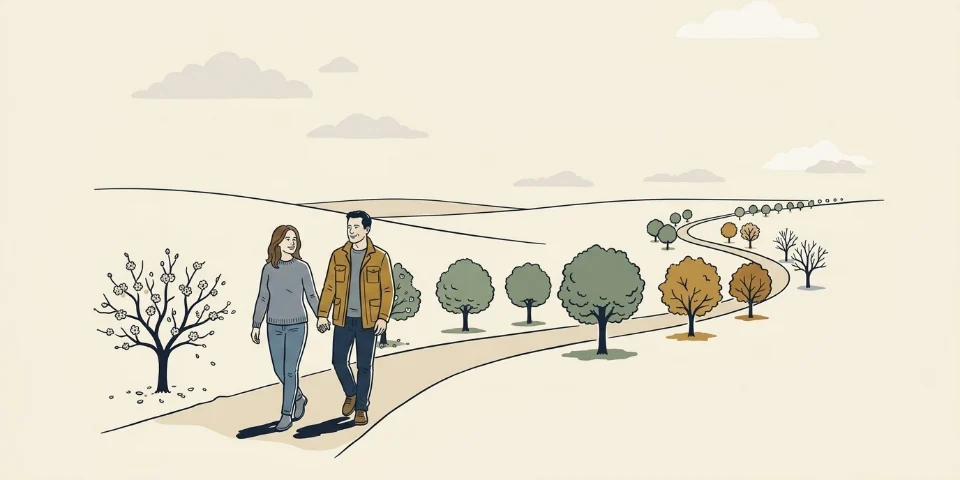 A couple in their forties walking hand in hand along a long, winding path, past trees that turn from spring blossom to bare winter branches.