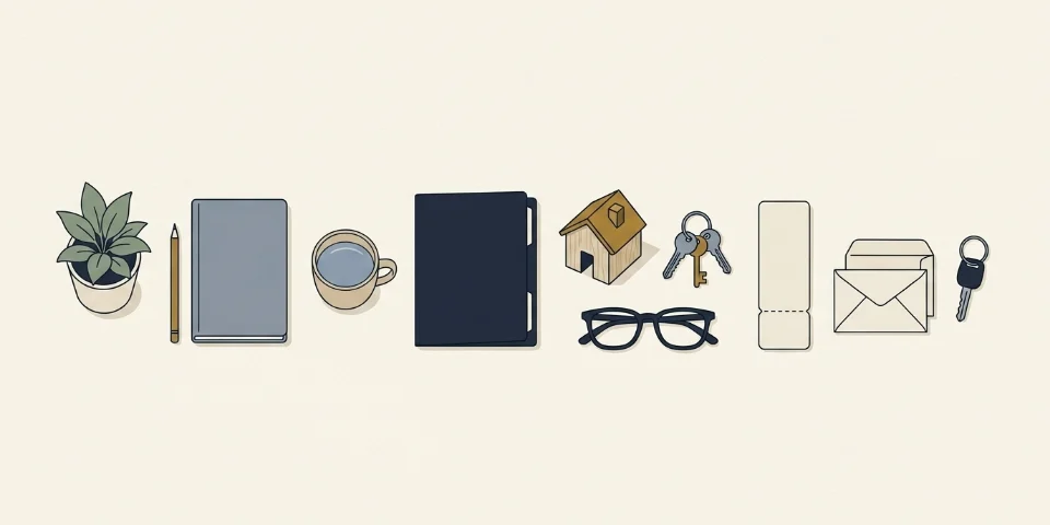 The pieces of a household’s finances laid out on a table: a notebook, a folder, house and car keys, envelopes, reading glasses and a small model house.