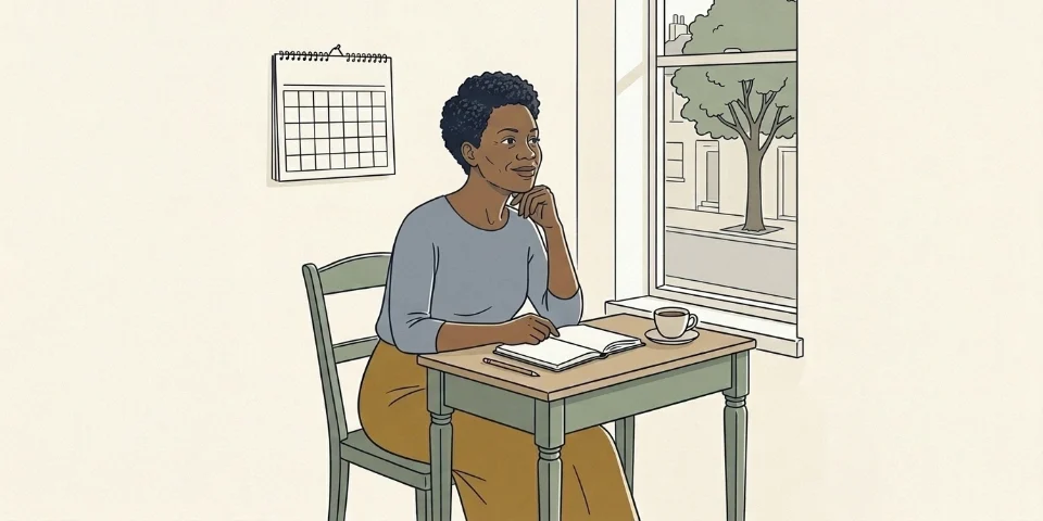 A woman in her forties at a desk by the window, chin in hand, thinking something over beside an open notebook and a cup of coffee.