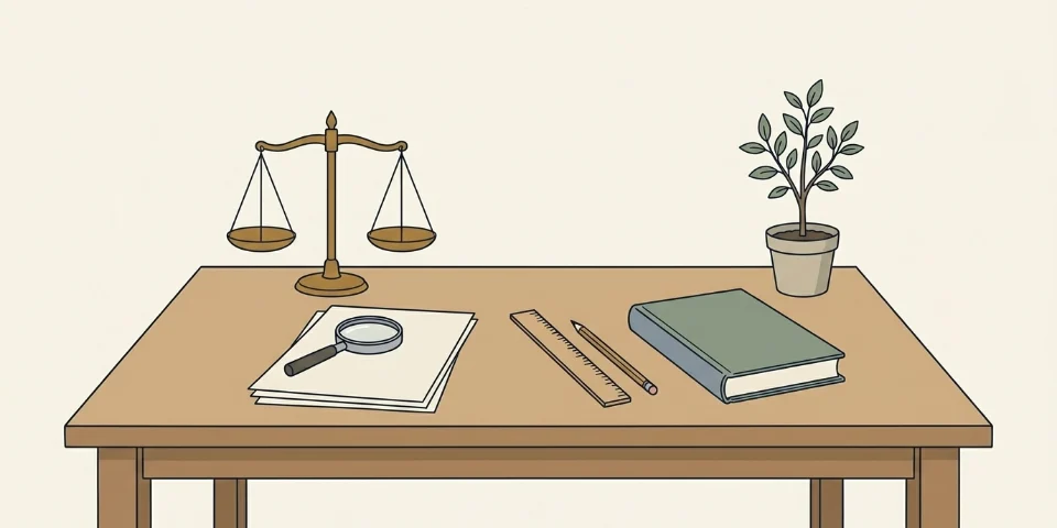 A tidy desk with a level brass balance scale, a magnifying glass on a stack of papers, a ruler, a pencil and a book.