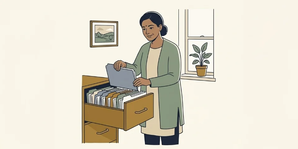 A woman in her late forties lifting a folder out of an open filing cabinet drawer at home.