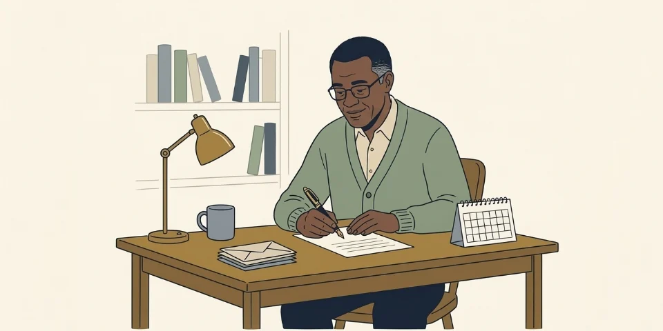 A man in his fifties at a writing desk, working through a statement with a fountain pen, a desk calendar beside him.
