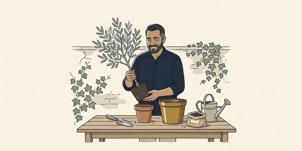 A man in his forties at a potting bench, moving a young olive tree from a small clay pot into a larger one.