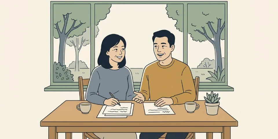 A married couple in their late forties at the kitchen table, talking through papers together over cups of tea.