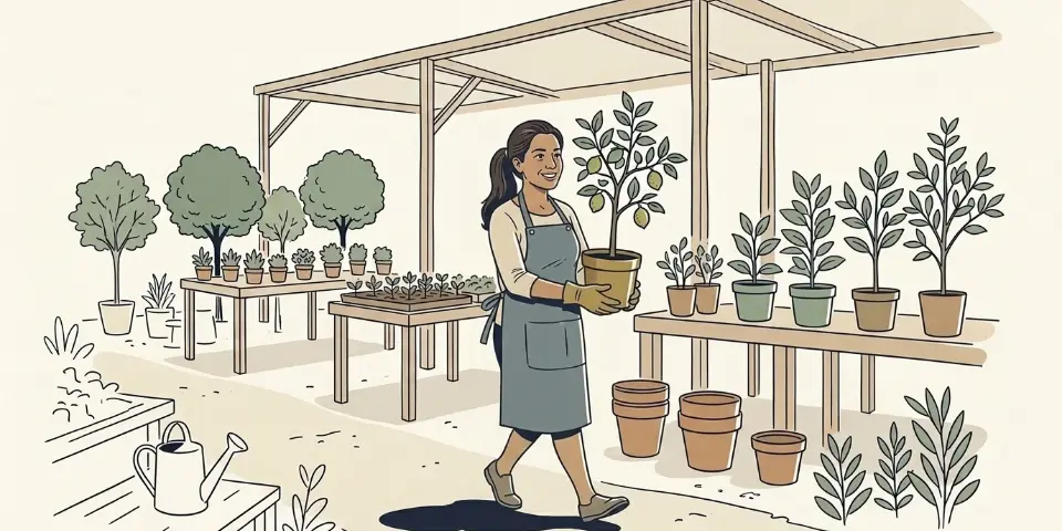 A woman in her forties at work in a plant nursery, carrying a young lemon tree in a pot.