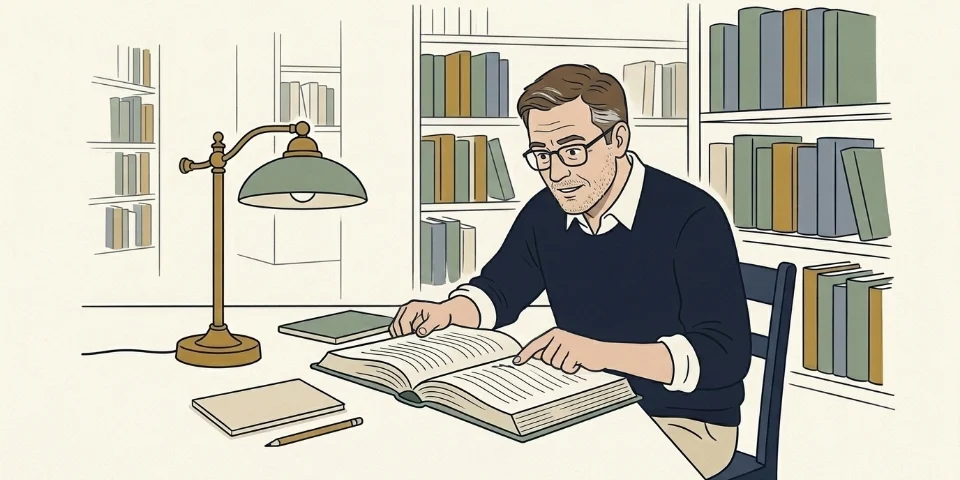 A man in his fifties in a library, tracing a line across a large reference book with his finger.